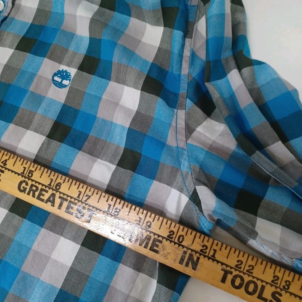 Timberland Shirt Mens Med Slim Fit Blue White Gray Plaid Long Sleeve Button Down